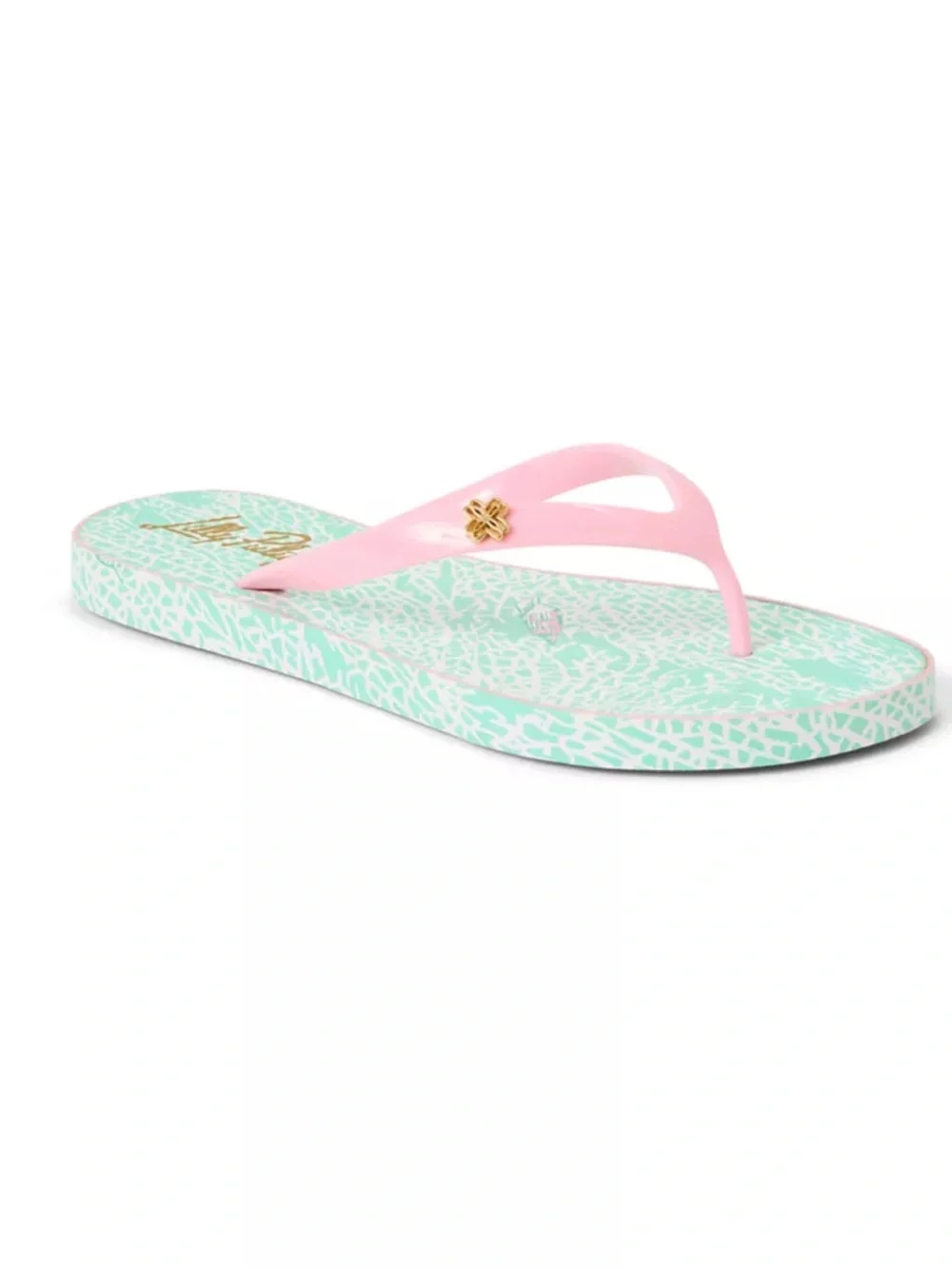 NIP Lilly Pulitzer Mint Condition Pool Flip Flop Sandals with Gold Accent 7/8